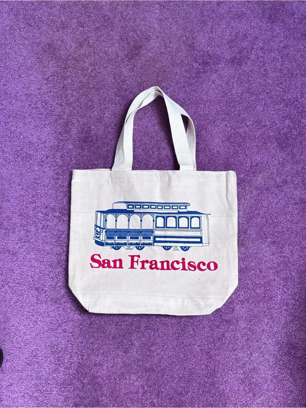 San Francisco Cable Car Canvas Tote - White with Blue & Red Print